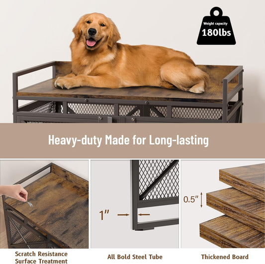 Large Dog Crate Furniture, 48 Inch Wooden Dog Kennel for Xlarge Dogs, Heavy Duty Dogs Furniture Indoor Wire Dog Cage with Caster Wheels, Decorative Pet House End Table, Brown