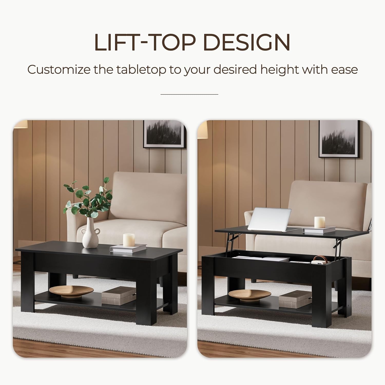 Modern Living Room 3 Pieces Table Sets, Lift Top Coffee Table and End Table Sets for Home and Office, Easy Assembly Accent Furniture with Hidden Compartment and Open Storage Shelf, Black