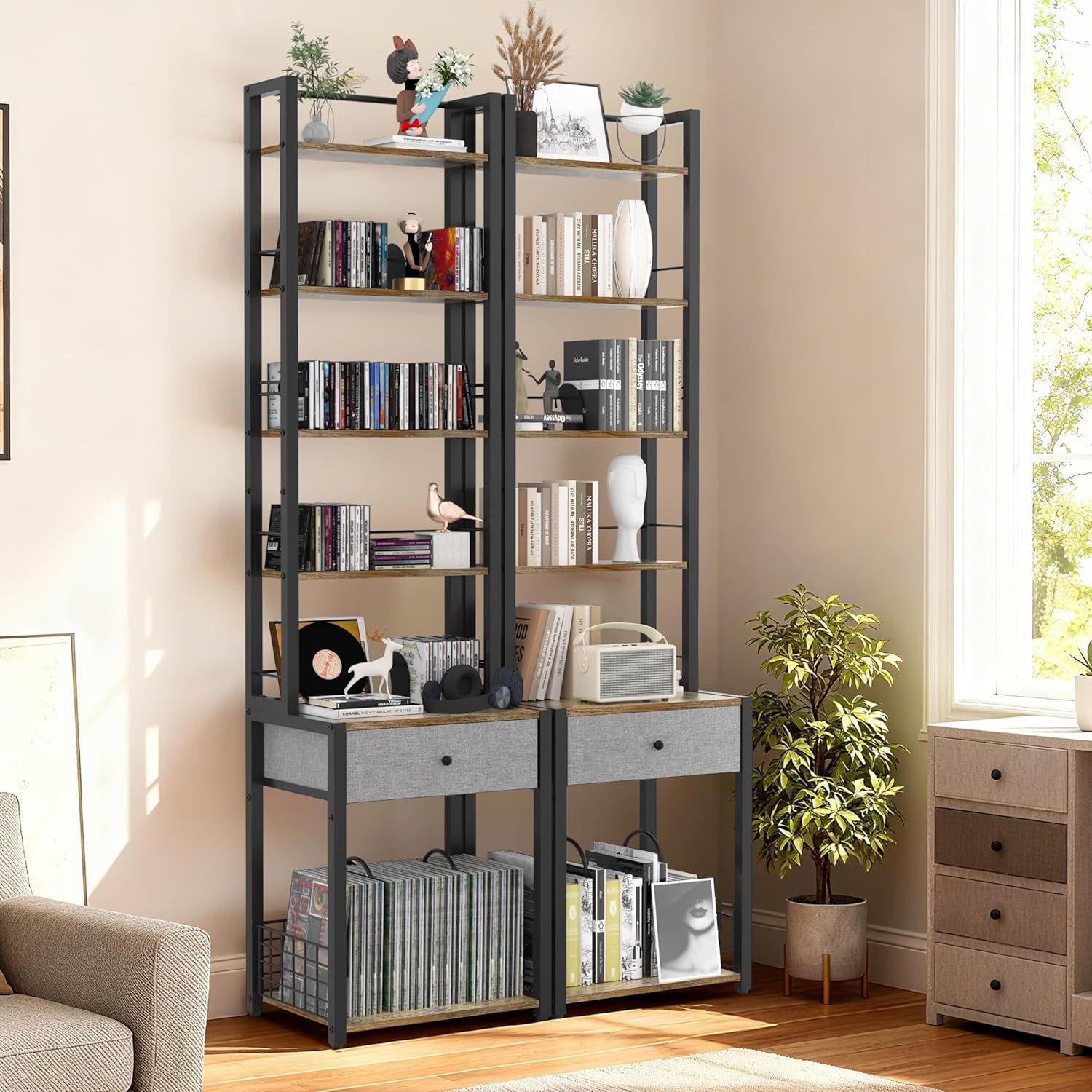 CD Storage Rack, 6-Tier DVD Organizer Shelf with Drawer & Adjustable Book Stoppers, Vinyl Record Holder &Multi-Purpose Media Organizer, Ideal for Living Room/Home Office,15.7X11.8X64.3Inch
