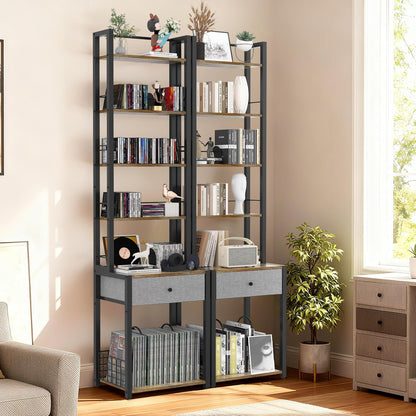 CD Storage Rack, 6-Tier DVD Organizer Shelf with Drawer & Adjustable Book Stoppers, Vinyl Record Holder &Multi-Purpose Media Organizer, Ideal for Living Room/Home Office,15.7X11.8X64.3Inch
