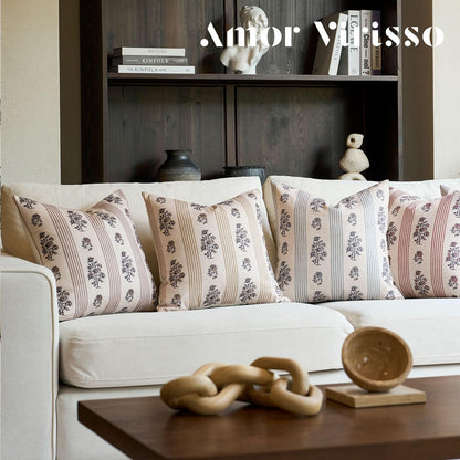Floral Throw Pillow Covers 18X18 Set of 2 Block Print Pillow Covers Neutral Floral Striped Farmhouse Decorative Pillow Covers for Sofa Couch Bed, Brown