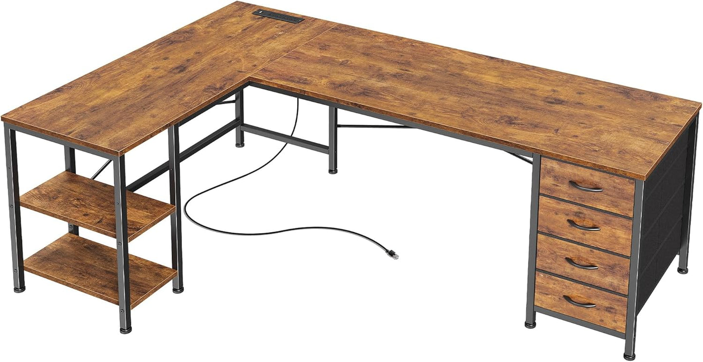55 Inch L Shaped Desk with Fabric Drawers, Reversible Computer Gaming Desk with Power Outlets and USB-C Port, Adjustable Side Storage Shelves, for Work Study Corner Home Office, Rustic Brown