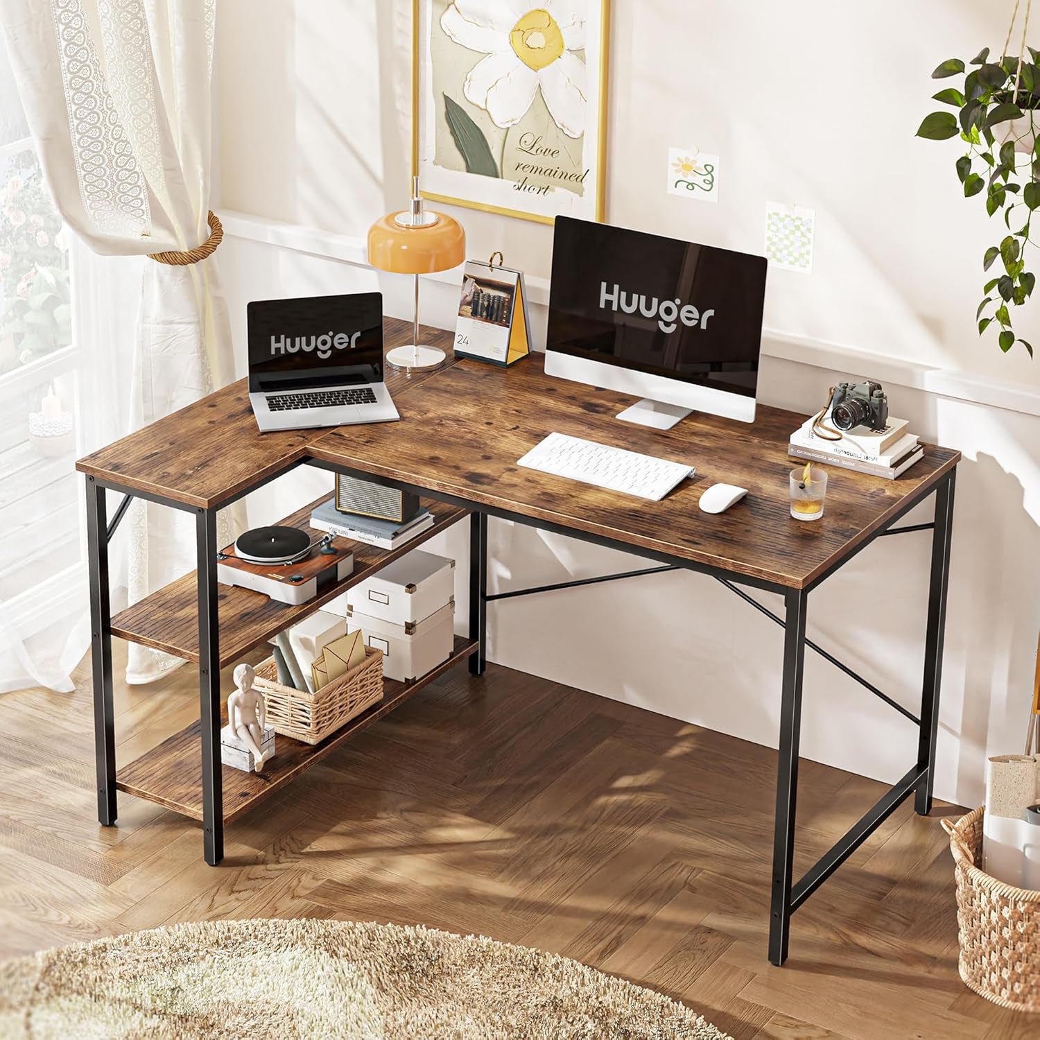 47 Inches L Shaped Desk, Computer Desk with Reversible Storage Shelves, for Gaming Corner Home Office Writing Study, Metal Frame, Rustic Brown