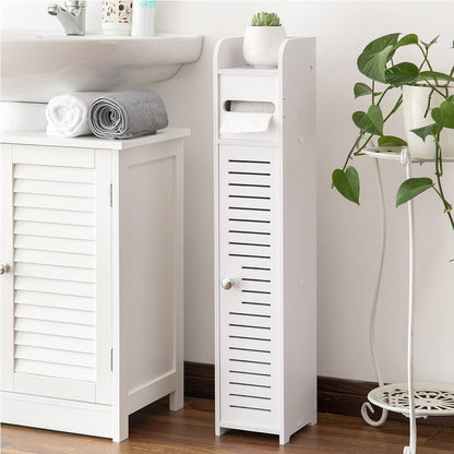 Toilet Paper Holder Stand, Small Bathroom Storage Cabinet, White, Space-Saving Design