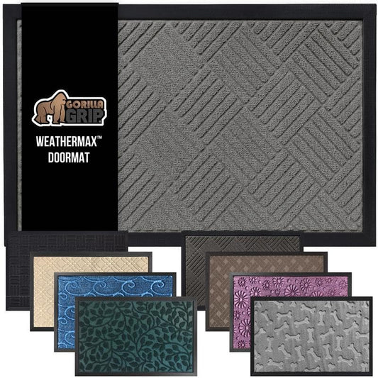 100% Waterproof All-Season Weathermax Doormat US Designed Natural Rubber, Stain Fade Resistant, Low Profile Indoor Outdoor Door Mats, Easy Clean, 17X29 Gray Diamond