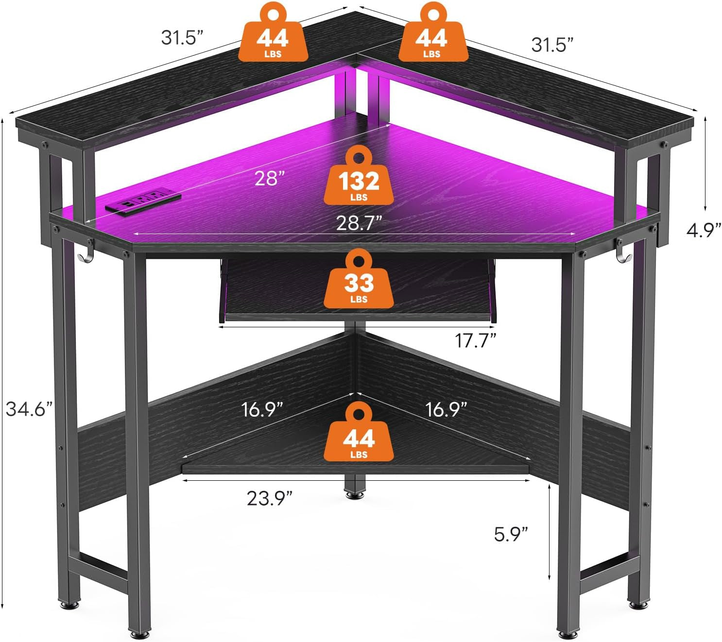 Conner Desk Home Office Computer Desk for Small Space with LED Lights Gaming Table with Storage Shelves Power Outlets Monitor Stand Keyboard Tray for Bedroom, Black