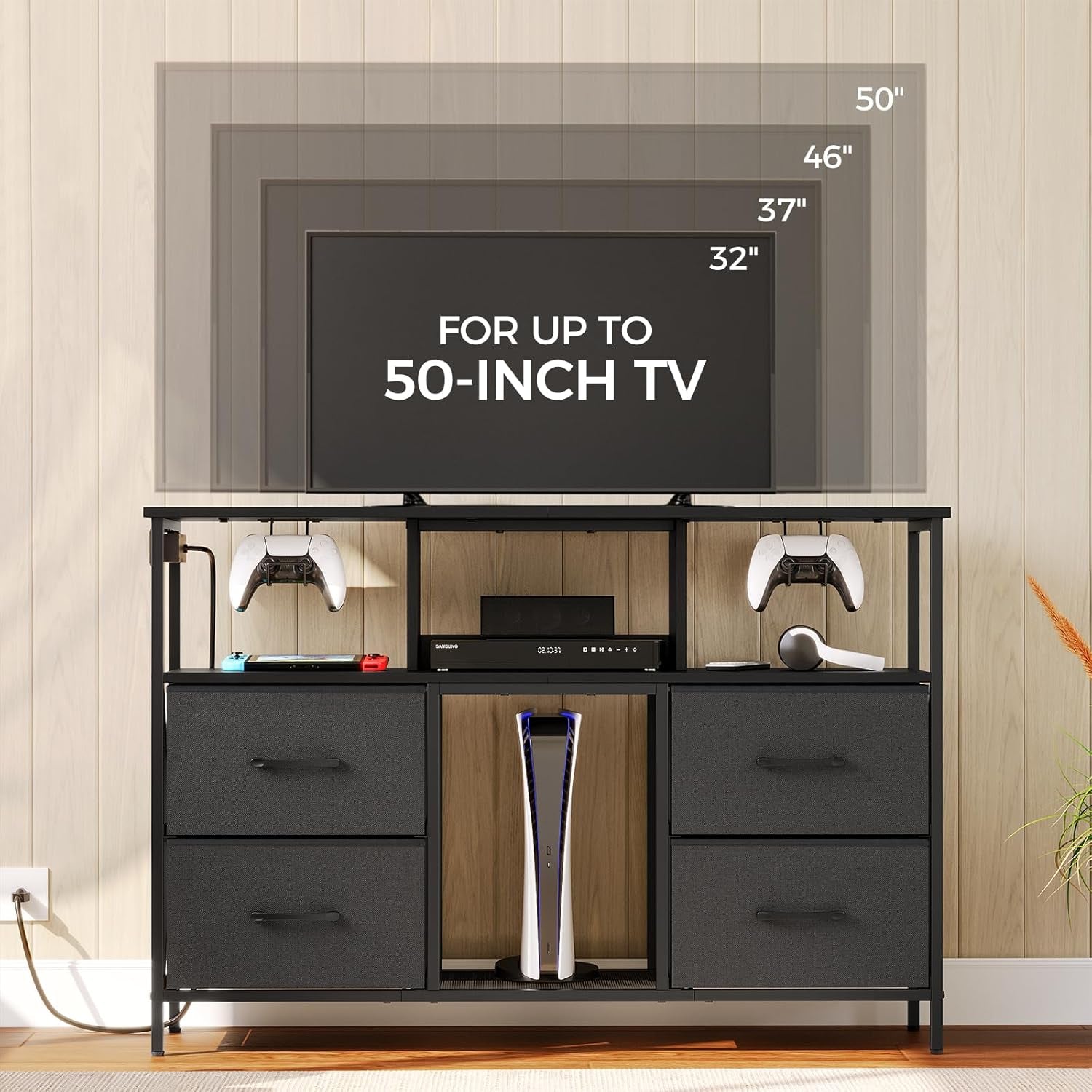 Dresser TV Stand, Entertainment Center with Power Outlets and LED Light, Media Console with Drawers and Open Shelves for 50'' TV, for Living Room, Bedroom, Black TVHB110E01N1