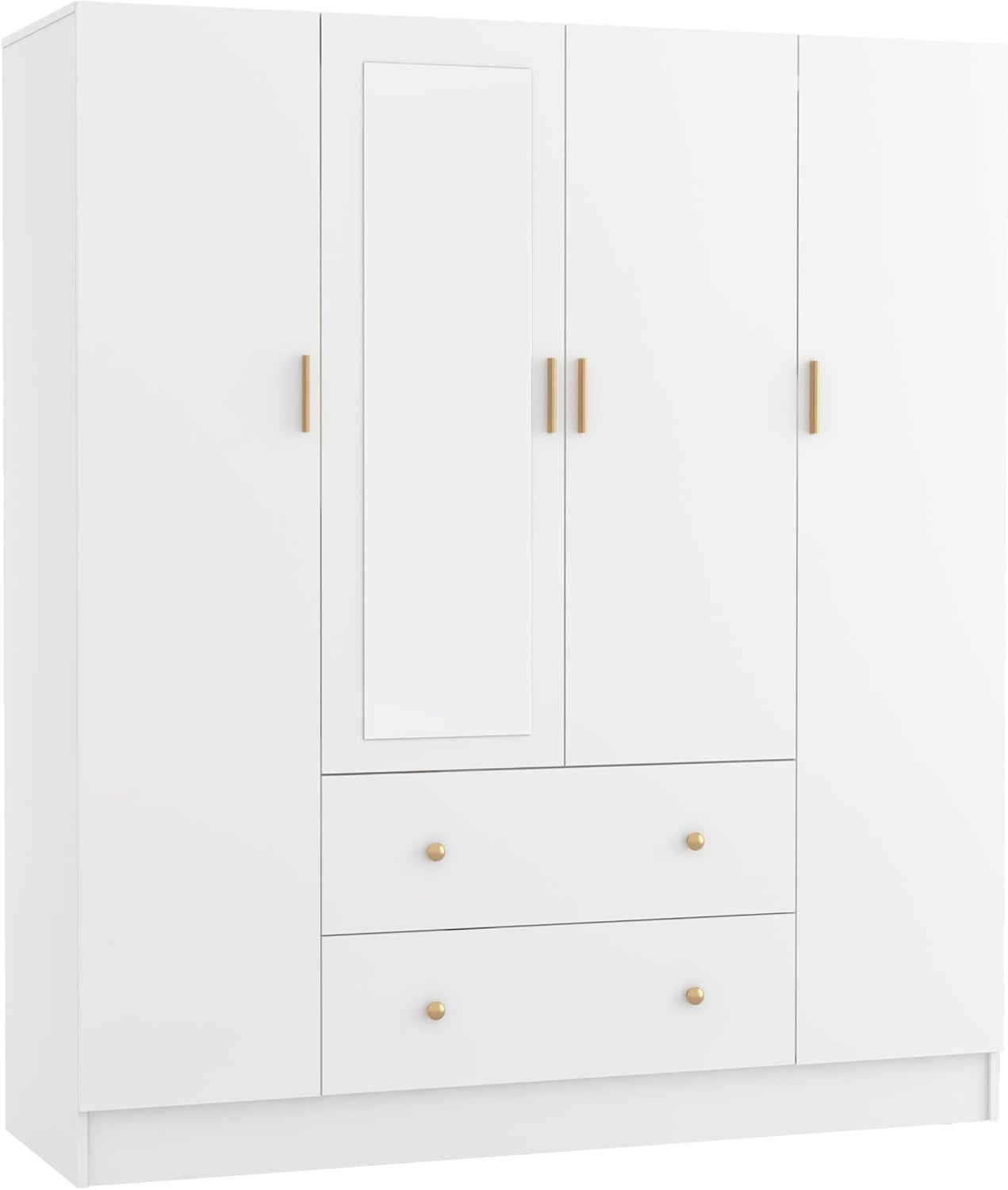 Bedroom Armoires Wardrobe Closet with 4 Doors 2 Drawers and Mirror, Large Shelves Hanging Rods for Bedroom, 62.7" W X 19.7" D X 70.8" H