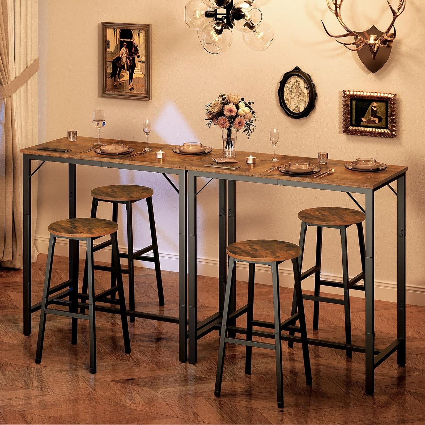 Bar Table with Charging Station, Rectangular Pub Table, High Top Coffee Table, Counter Bar Height Table, Narrow Long Dining Table, 35.4" L X 15.7" W X 35.6" H, Rustic Brown and Black BF90UBT01