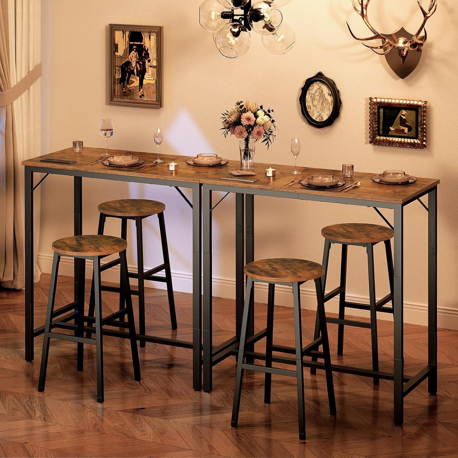 Bar Table with Charging Station, Rectangular Pub Table, High Top Coffee Table, Counter Bar Height Table, Narrow Long Dining Table, 35.4" L X 15.7" W X 35.6" H, Rustic Brown and Black BF90UBT01
