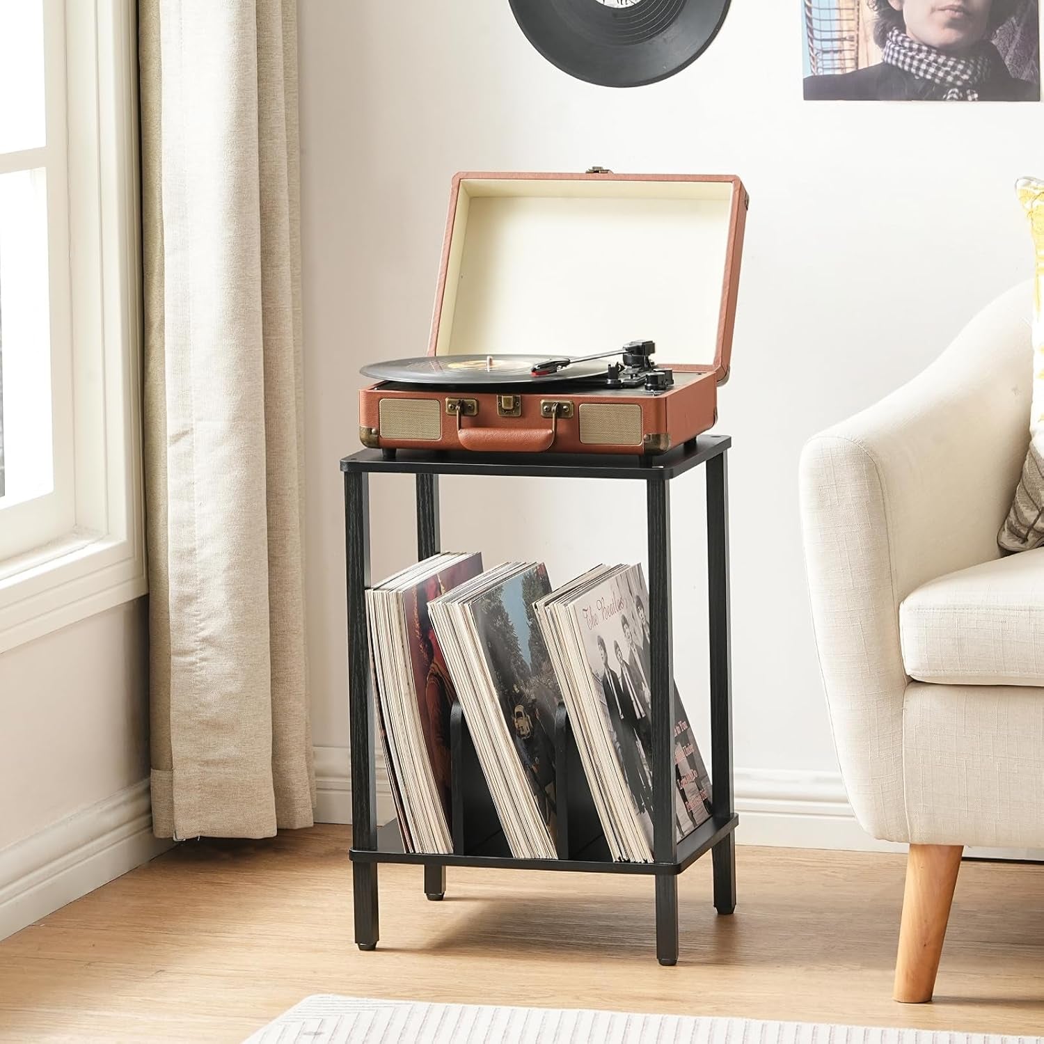 Small End Table, 2-Tier Record Player Stand Vinyl Record Turntable Stand with Storage up to 100 Albums, Small Side Table for Living Room, Bedroom Black, BK05RS01