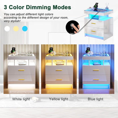 Auto LED Nightstand Set of 2, White Night Stand with Charging Station & USB Ports, High Gloss Bedside Table Has 2 Drawers,Modern End Side Table for Bedroom (White)