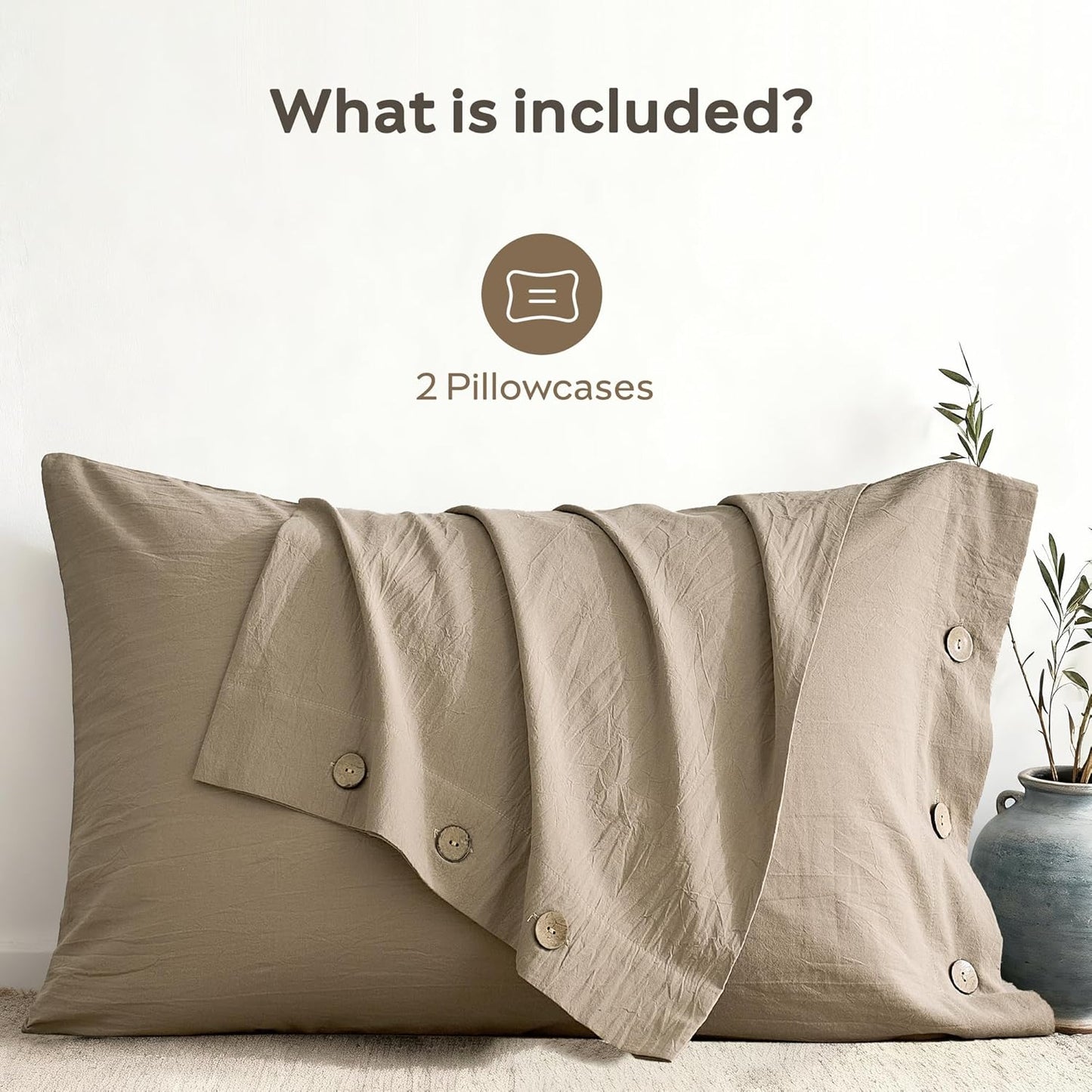 100% Washed Cotton King Pillowcases Set, 2 Pack Linen-Like Texture Breathable Pillow Covers with Button Closure,Dusty Khaki King 20"×36"(Pillows Are Not Included)