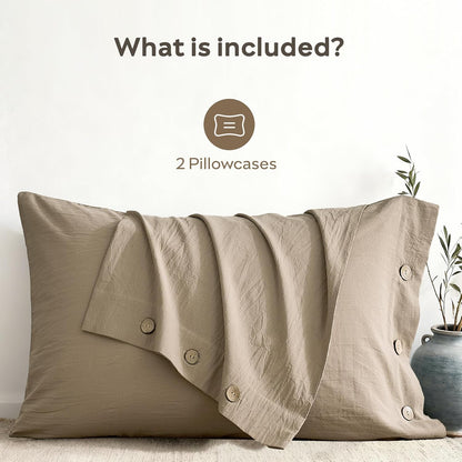 100% Washed Cotton King Pillowcases Set, 2 Pack Linen-Like Texture Breathable Pillow Covers with Button Closure,Dusty Khaki King 20"×36"(Pillows Are Not Included)