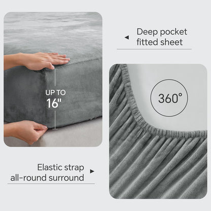 Fleece Sheets Queen Size Bed Set, Super Soft and Warm Fuzzy Plush Queen Sheet Set 4 Piece for Winter Gift & Decor , Includes 1 Deep Pocket Fitted Sheet, 1 Flat Sheet and 2 Pillowcases (Grey)