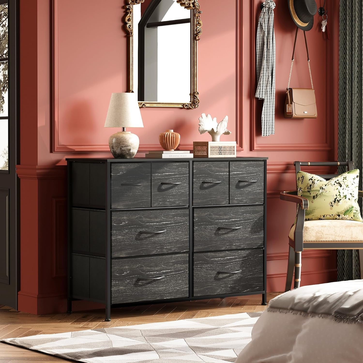 Dresser for Bedroom with 8 Drawers, Wide Fabric Dresser for Storage and Organization, Bedroom Dressers, Chest of Drawers for Living Room, Closet, Hallway, Charcoal Black Wood Grain Print