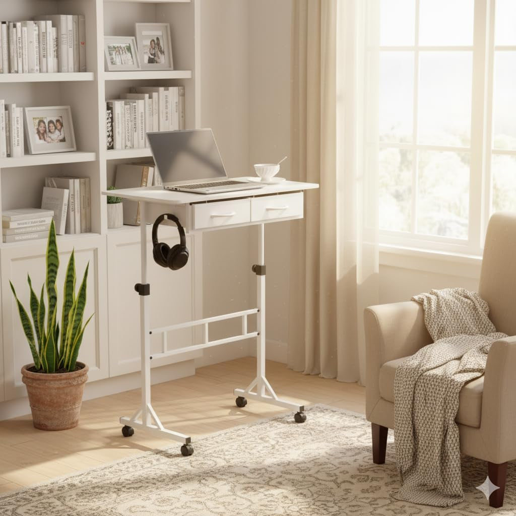Adjustable Small Standing Desk with Drawers, Height Adjustable Rolling Desk for Home Office, Portable Small Computer Desk with Wheels for Walking Pad, White, Height 27.6"-49.2"