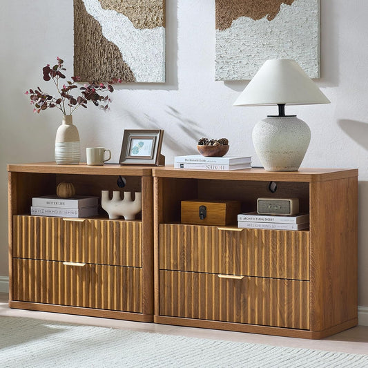 31" Wide Fluted Nightstand Set of 2 with Charging Station, Oversized Extra Large 2 Drawers Night Stand,Brown Wood Bedside Table,Tall End Tables,Modern Chest of Drawers Dressers for Bedroom