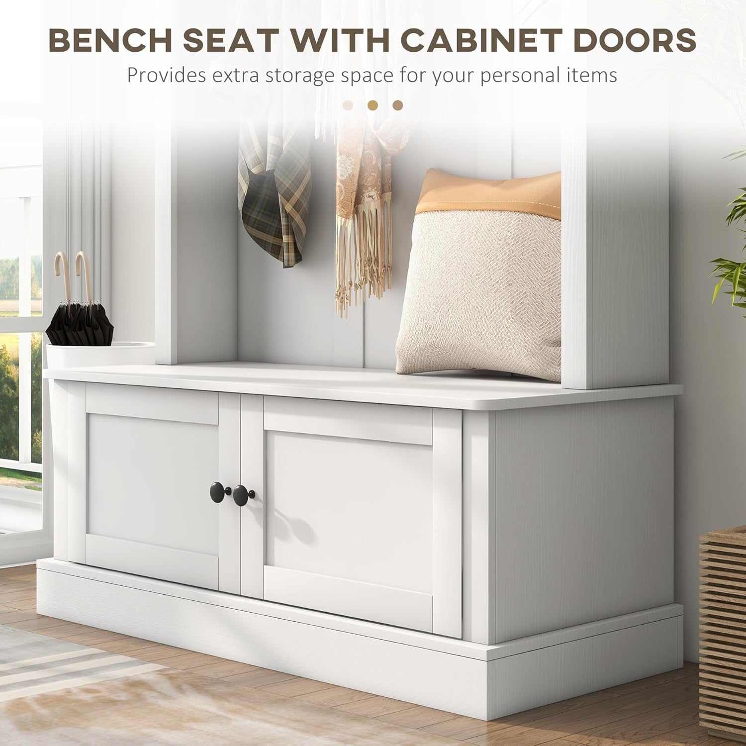 42" 3-In-1 Entryway Hall Tree with Storage Bench, Coat Rack with Six Hooks, Shoe Storage and Top Shelf, White