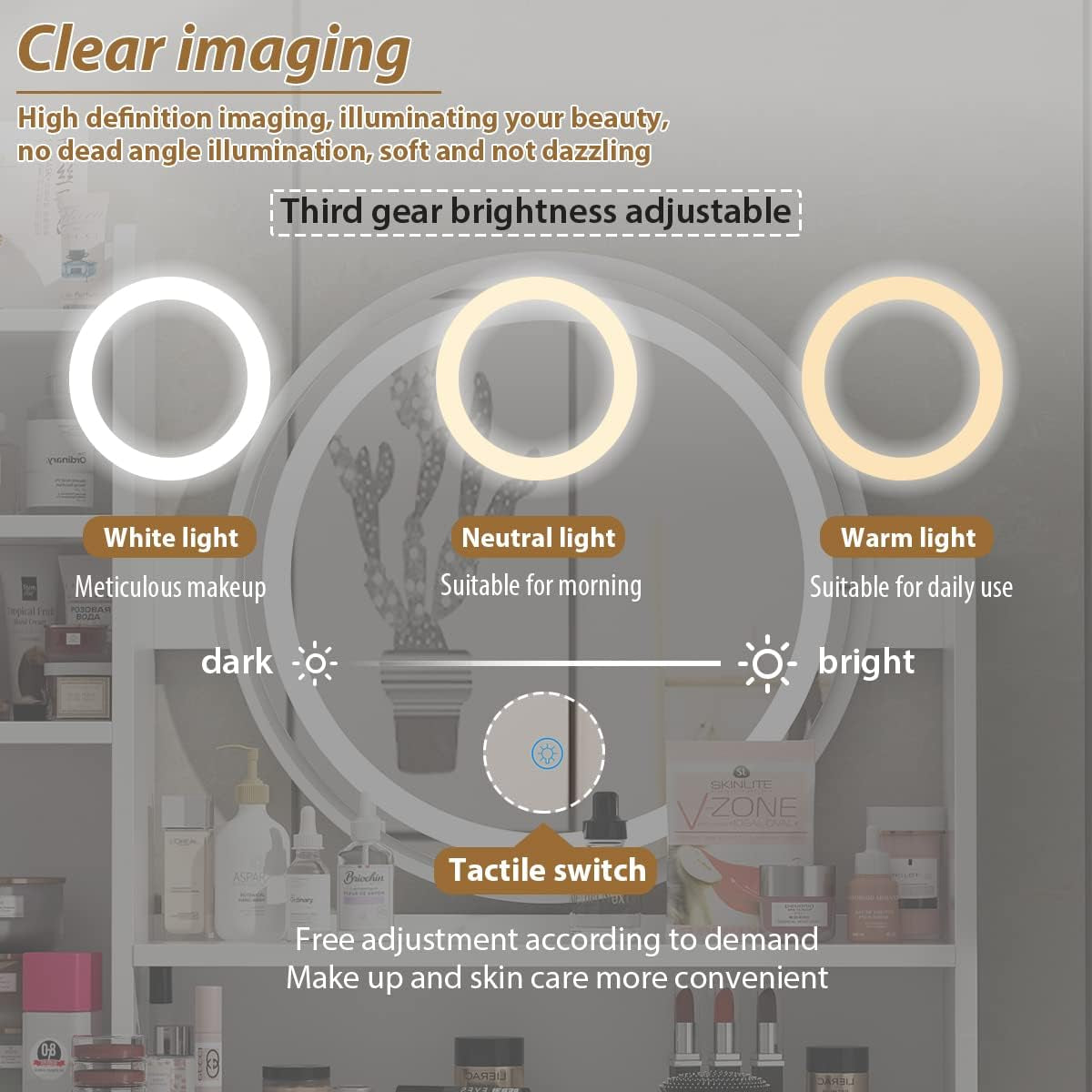 White Vanity Set with round Lighted Mirror, Makeup Vanity Dressing Table with 5 Drawers, Shelves, Dresser Desk and Cushioned Stool