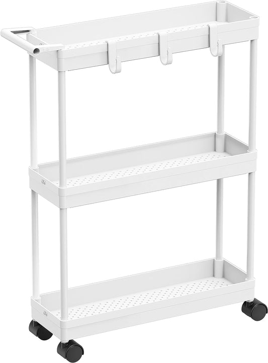 3-Tier Slim/Narrow Storage Cart with Handle, 5.5'' Wide X 26.5'' Height Rolling Organizer for Kitchen, Bathroom, Laundry Room - White