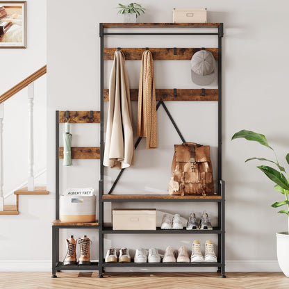 Hall Tree with Bench and Shoe Storage Parent-Child Coat Rack Shoe Bench Industrial Coat Tree Entryway Large Organizer with Shoe Rack, Storage Cubbies, Hooks, and Top Shelf