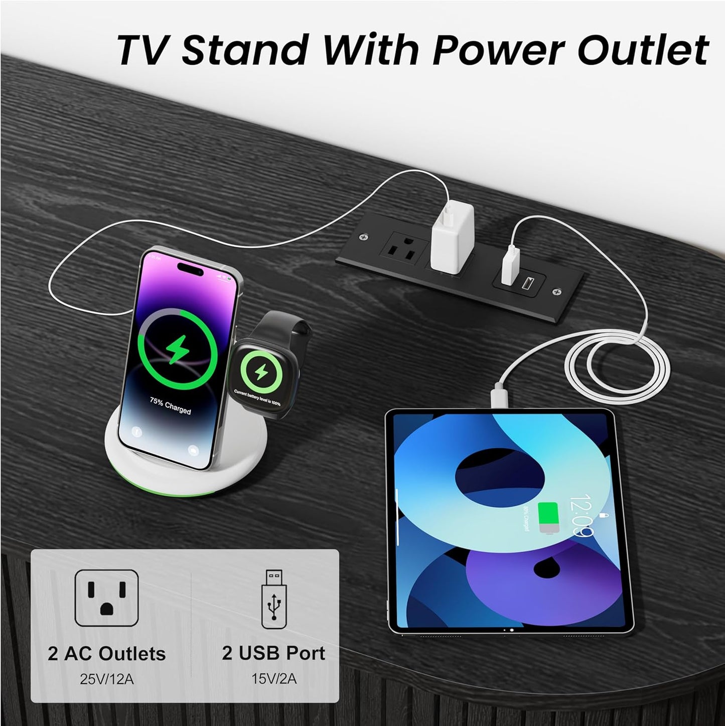 55 Inch Mid Century Modern TV Stand with Power Outlet for Tvs up to 60 Inch, Entertainment Center with Storage and Adjustable Shelves, Media Console with Sliding Doors for Living Room(Black)