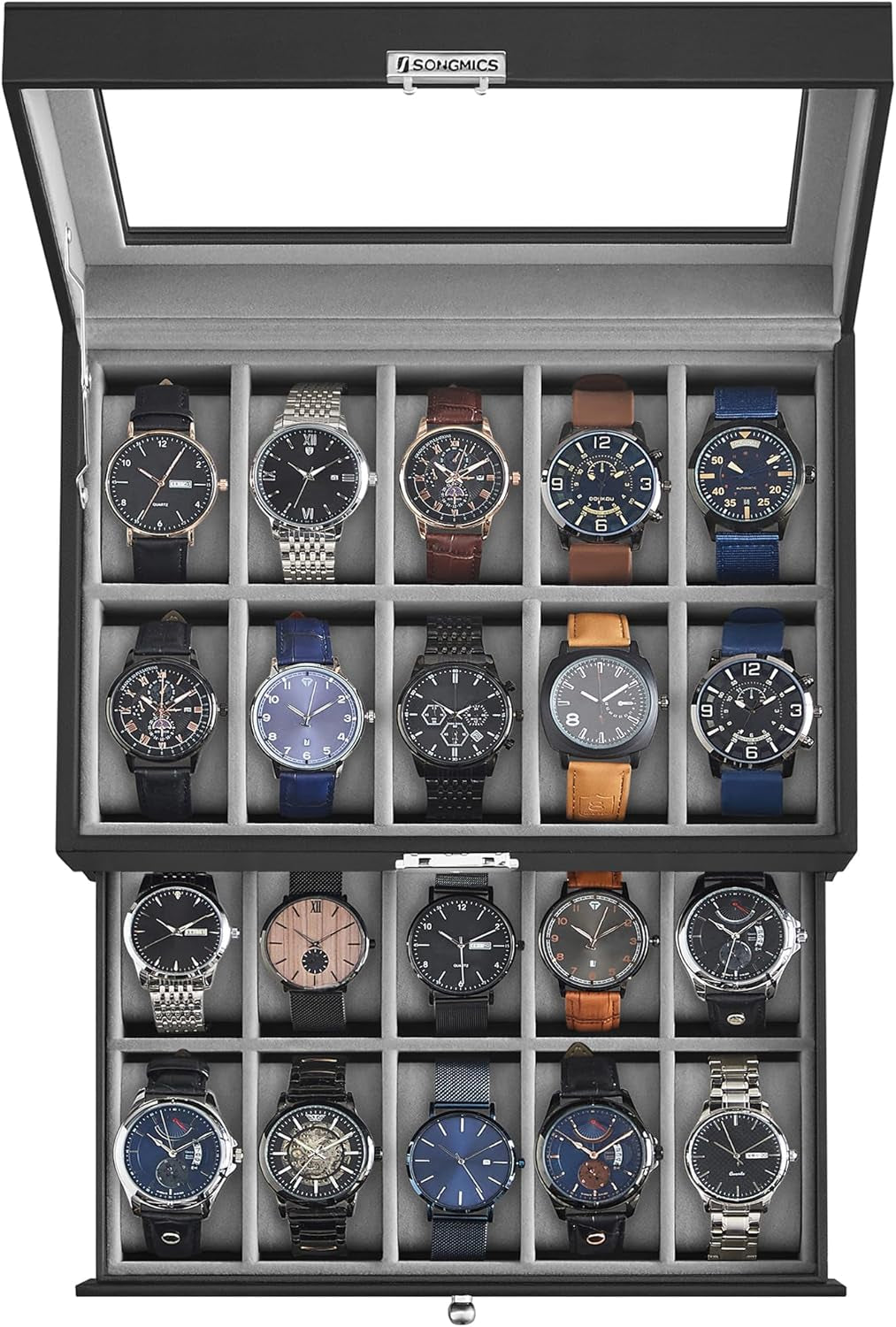 Watch Box, 20-Slot Watch Case Organizer with Large Glass Lid, Removable Pillows, Metal Lock, Gift for Loved Ones, Black Synthetic Leather, Wine Red Lining UJWB020R01