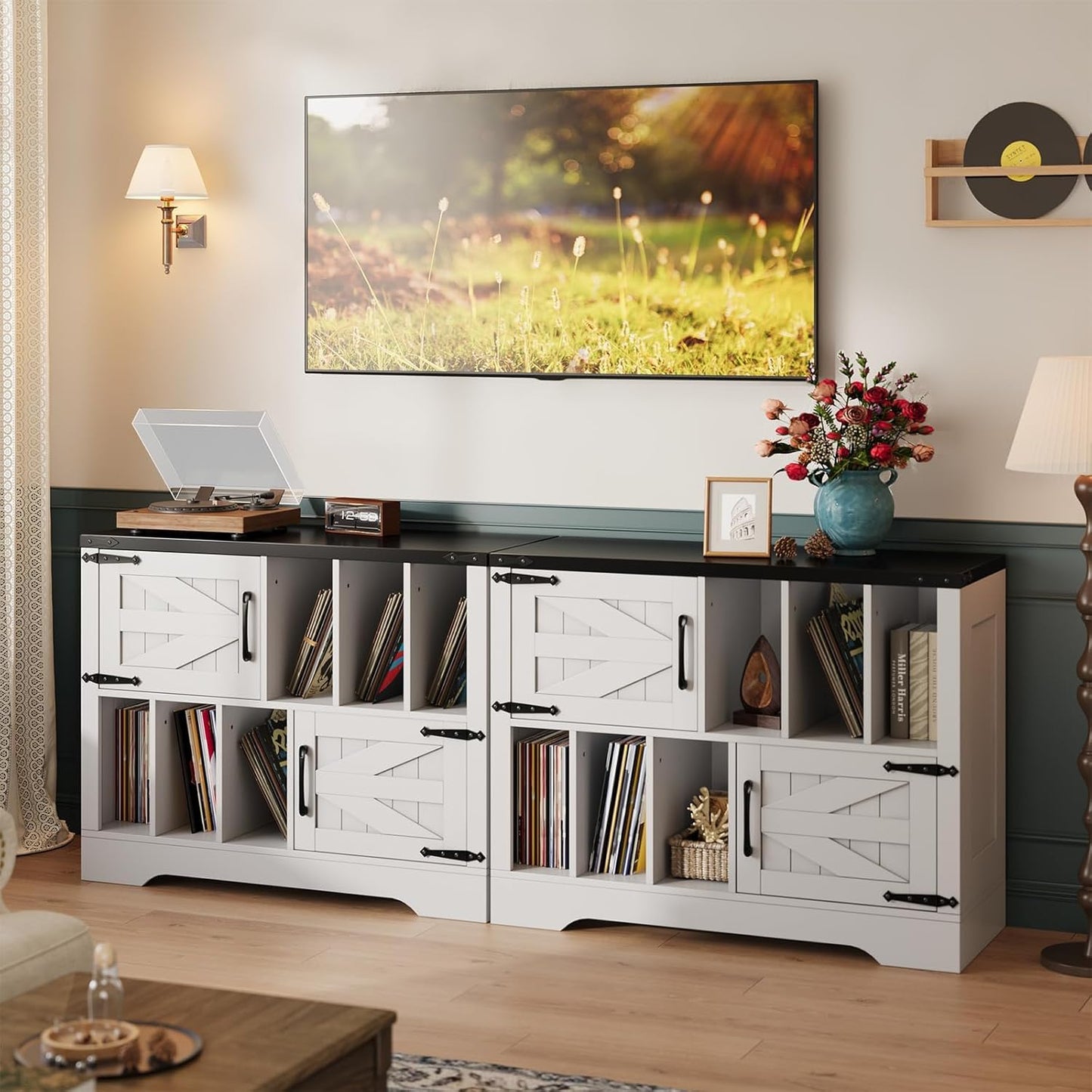 39" Large Record Player Stand with Vinyl Storage, Farmhouse Wood Vinyl Record Storage Cabinet with Barn Doors, Mid-Century Modern Turntable Stand for Living Room, White