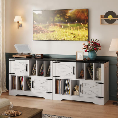 39" Large Record Player Stand with Vinyl Storage, Farmhouse Wood Vinyl Record Storage Cabinet with Barn Doors, Mid-Century Modern Turntable Stand for Living Room, White
