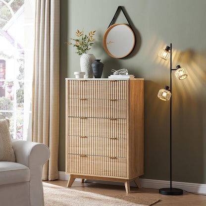 Fluted 5 Drawers Dresser, 48" Tall Modern Chest of Drawers with Faux Marble Top, Curved Profile Design, Wood Drawer Organizer for Bedroom, Living Room, Hallway, Entryway, Natural Oak