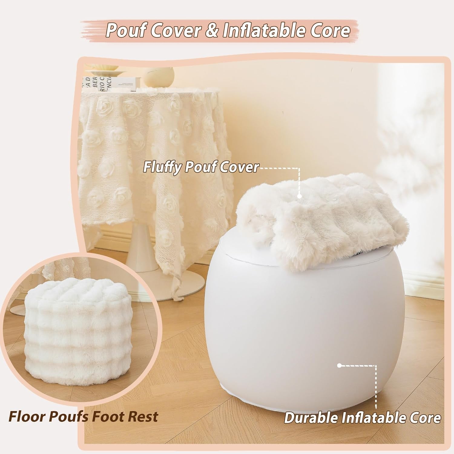 Faux Rabbit Fur round Inflatable Pouf Ottoman, 20 X 16 Waffle Bubble Fluffy Fuzzy Floor Poufs Foot Rest for Adults Kids Girls, Furry Pouf Chair Foot Stool Couch Home Decor, Anti-Slip, Beige