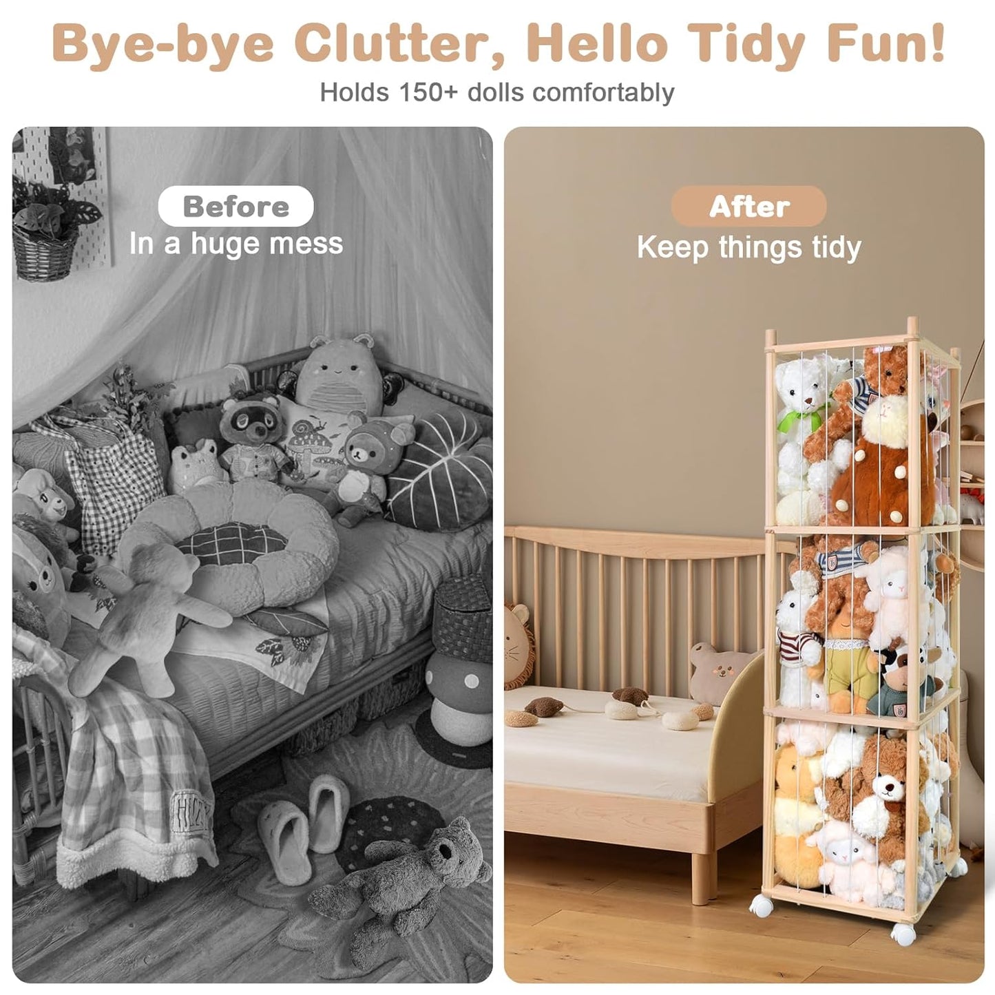 Stuffed Animal Storage, Wood Stuffed Animal Zoo Storage with Brake Wheels, Space save Toy Organizer, Large Capacity Stuffed Animal Holder, Perfect for Nursery Playroom Kidroom Bedroom-54.3 Inch