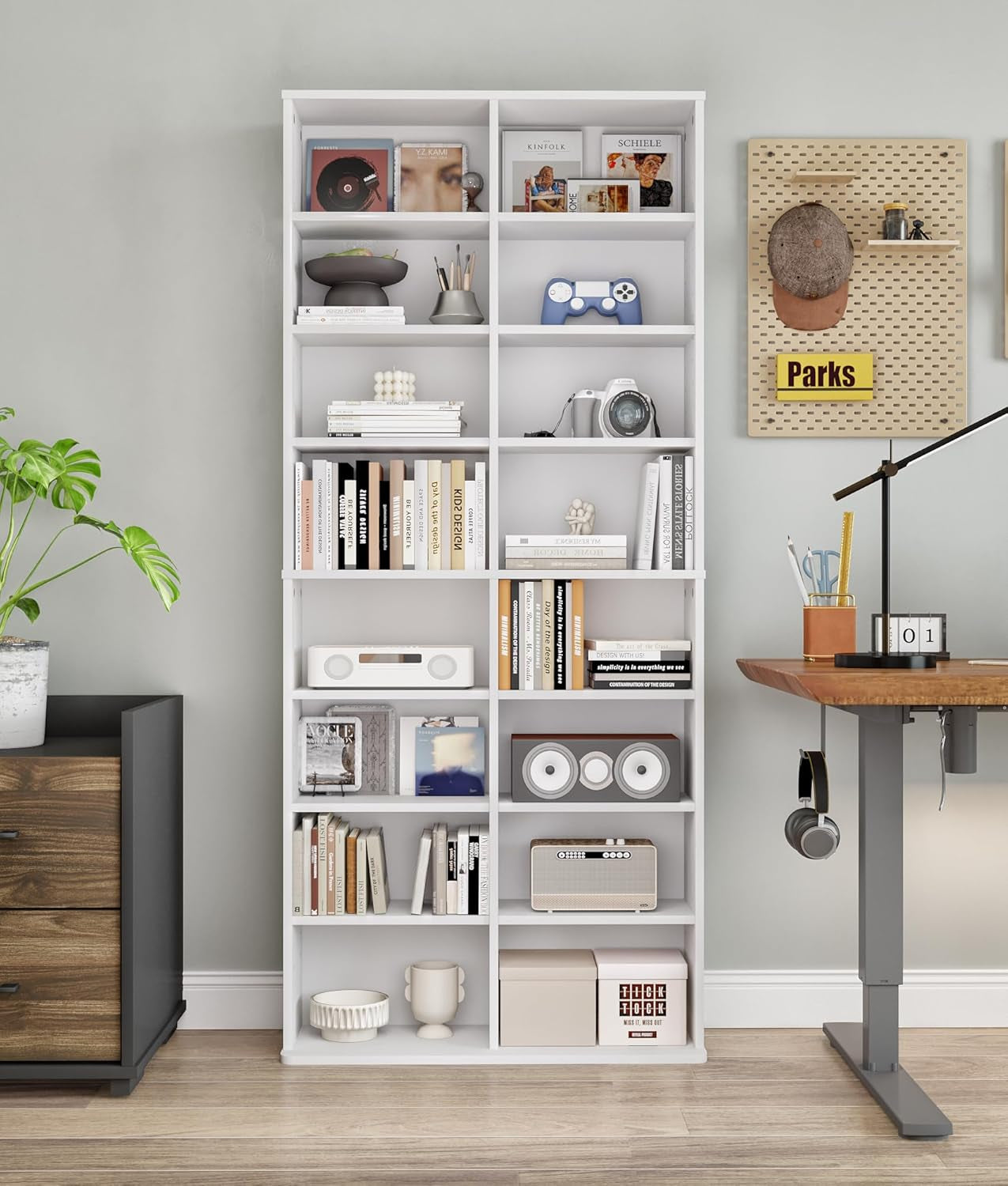 DVD Tower Storage Rack, 16-Shelf Media Storage Shelves with Adjustable Shelves 8-Tier DVD Stand Tower for Living Room Home Office