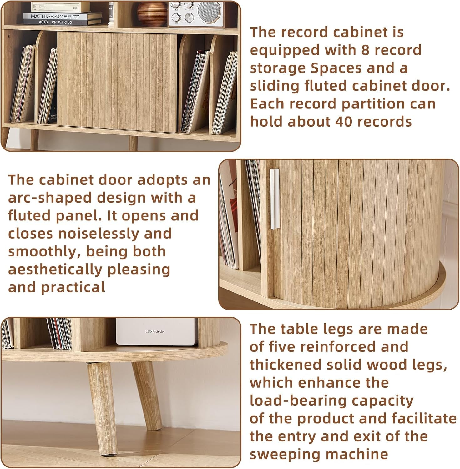 Large round Record Player Stand with Charging Station & Fluted Panel, Natural Mid Century Modern Turntable Cabinet with Vinyl Storage, Arched Wood Record Player Table for Living Room