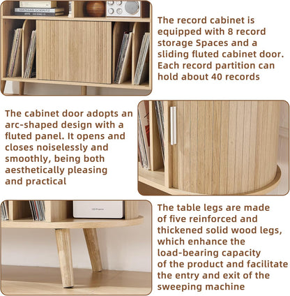 Large round Record Player Stand with Charging Station & Fluted Panel, Natural Mid Century Modern Turntable Cabinet with Vinyl Storage, Arched Wood Record Player Table for Living Room