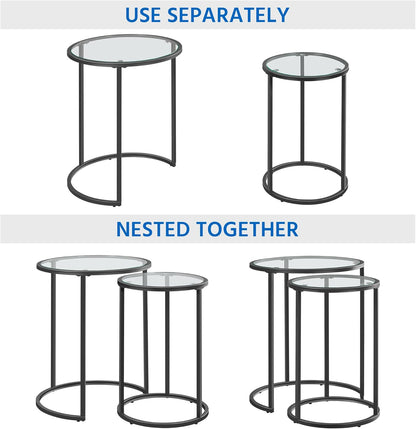 round Nesting End Table Set of 2,Stacking Side Tables,Coffee Tables Set W/Metal Frame & Glass Top & Protective Foot Pads for Small Space, Living Room, Office- Black