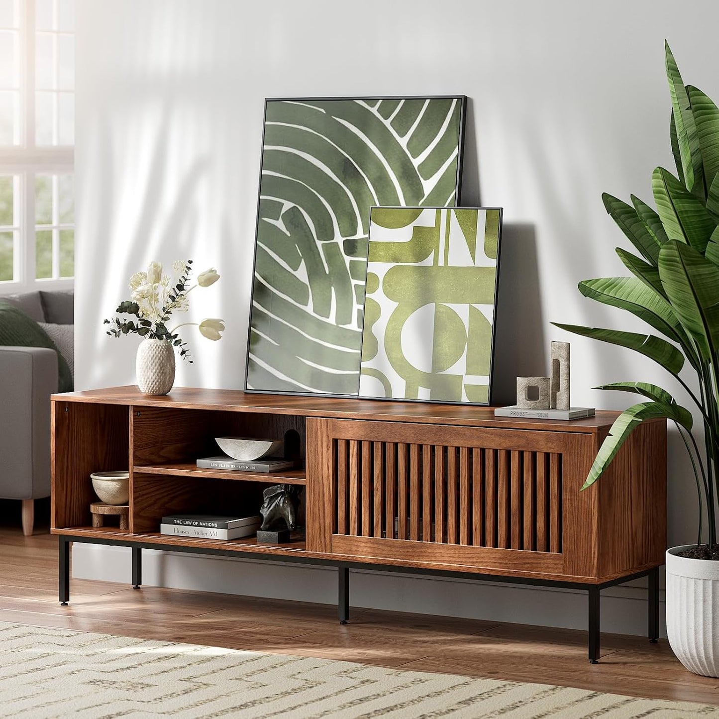 Farmhouse TV Stand for 65-70 Inch Tvs with Sliding Barn Door, Metal Frame & Adjustable Shelves - Rustic Brown Entertainment Center Media Console