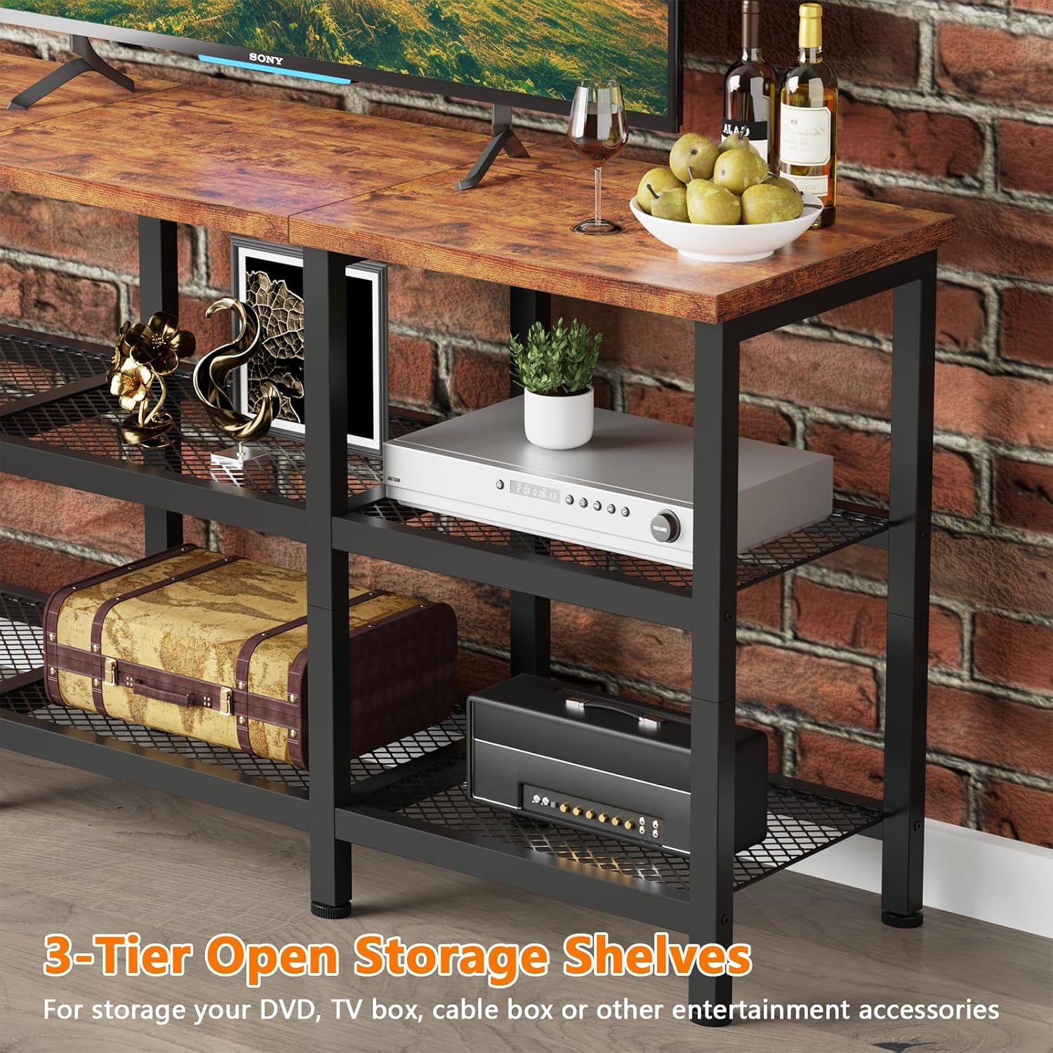 TV Stand with Power Outlets, Small Entertainment Center with Open Storage Shelves, Media Console Center for Tvs up to 50 Inch, Television Stands for Living Room/Bedroom, Rustic Brown