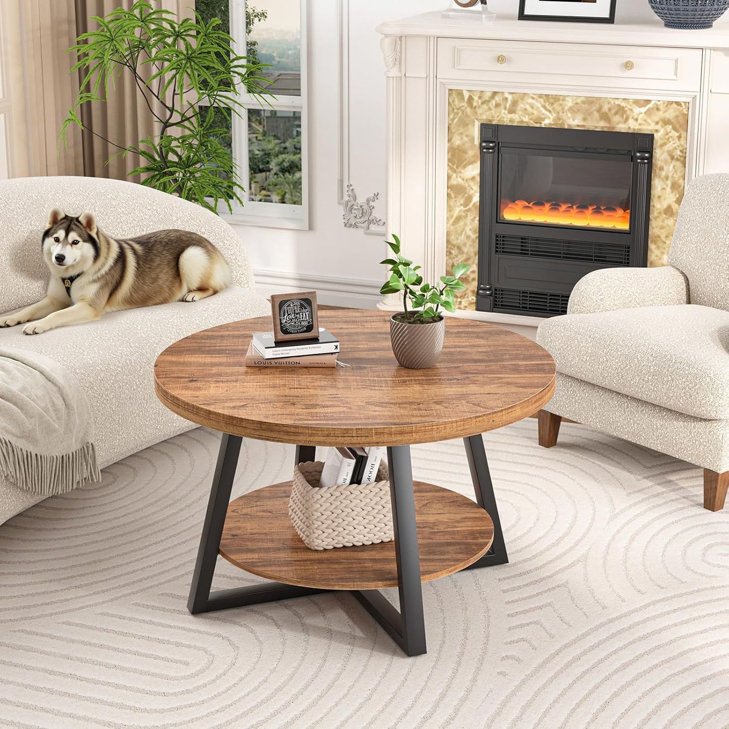 round Coffee Table with Storage, 30 Inch Circle Center Tables for Living Room, Modern Sofa Table for Small Spaces, Home Office, Easy Assembly, Walnut