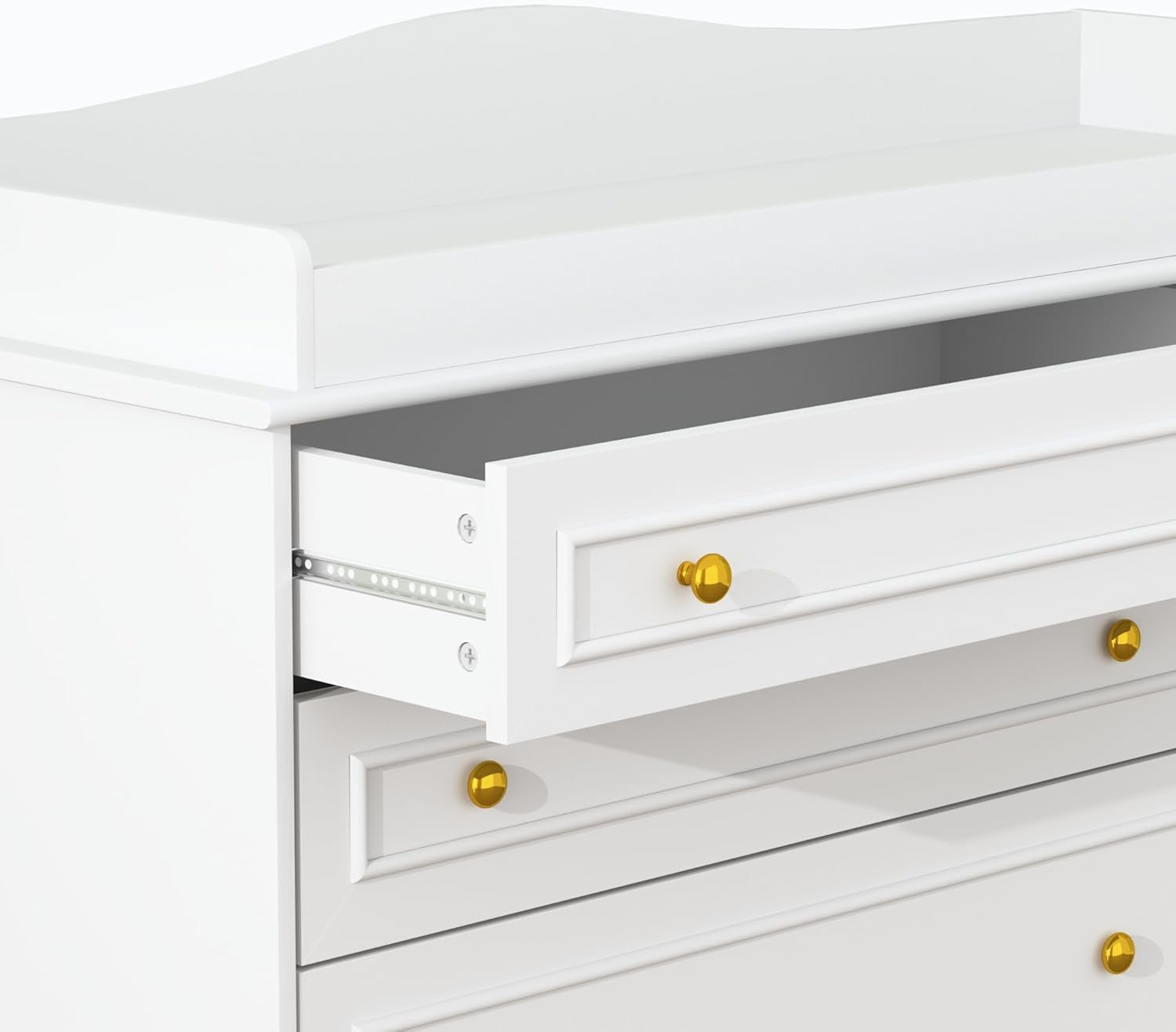White Changing Table Dresser, Baby Nursery Dresser, Baby Diaper Changing Table, 5 Drawers, Adjustable Shelves, Metal Handle, Curved Wrapping Design, White