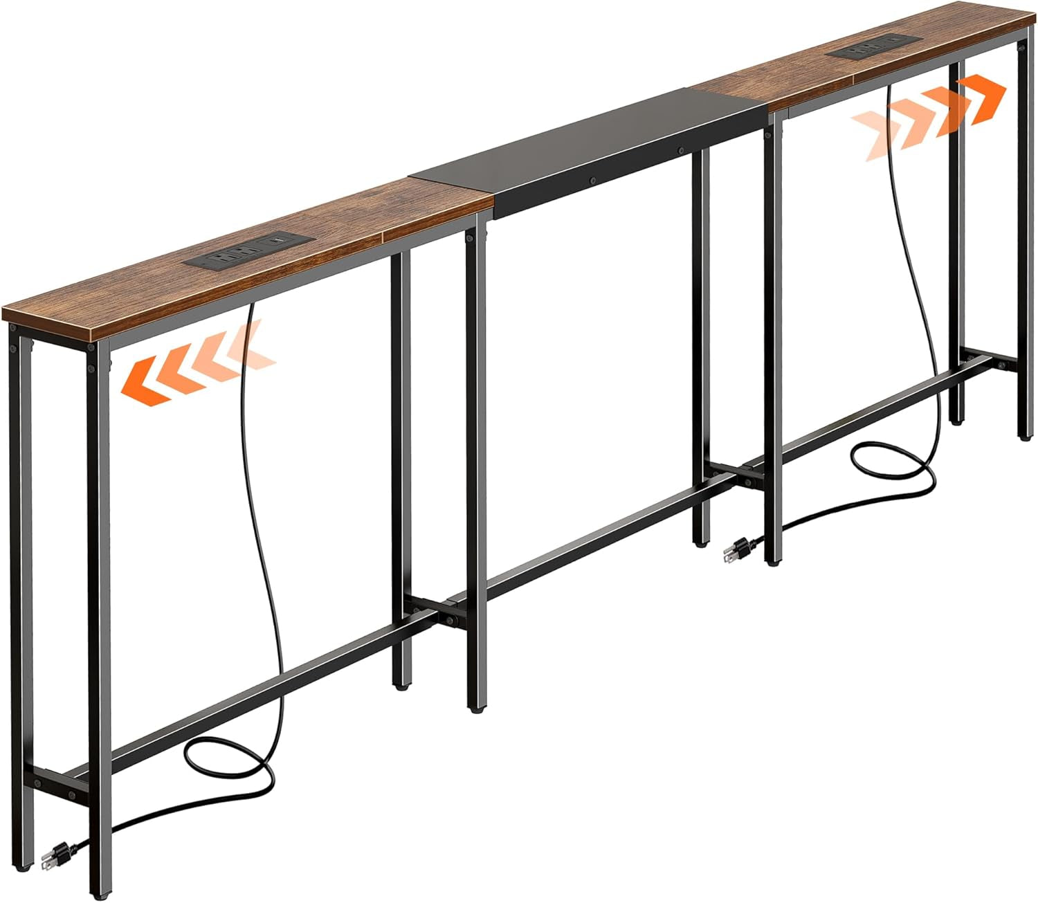 Narrow Sofa Table with 2 Power Outlets, 86.6-110.2 Inch Adjustable Length, behind the Couch Table with USB-C Port, Long Entryway Console Table, Anti-Tip Kit, for Living Room, Rustic Brown