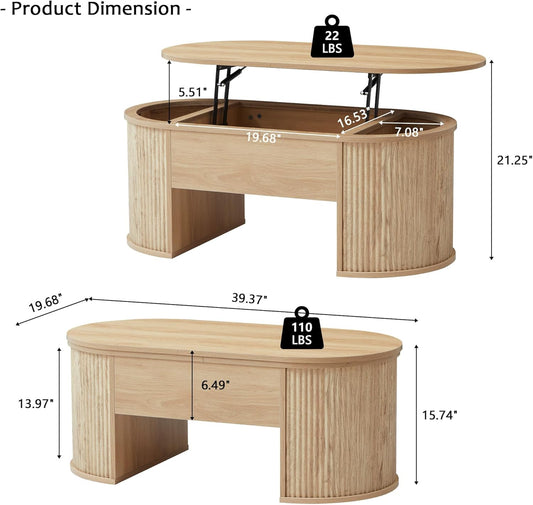 Lift Top Coffee Table, Fluted Coffee Table with Lifting Top, Wooden Lift up Dining Table with Hidden Compartment, Center Table for Living Room, Office - Oak