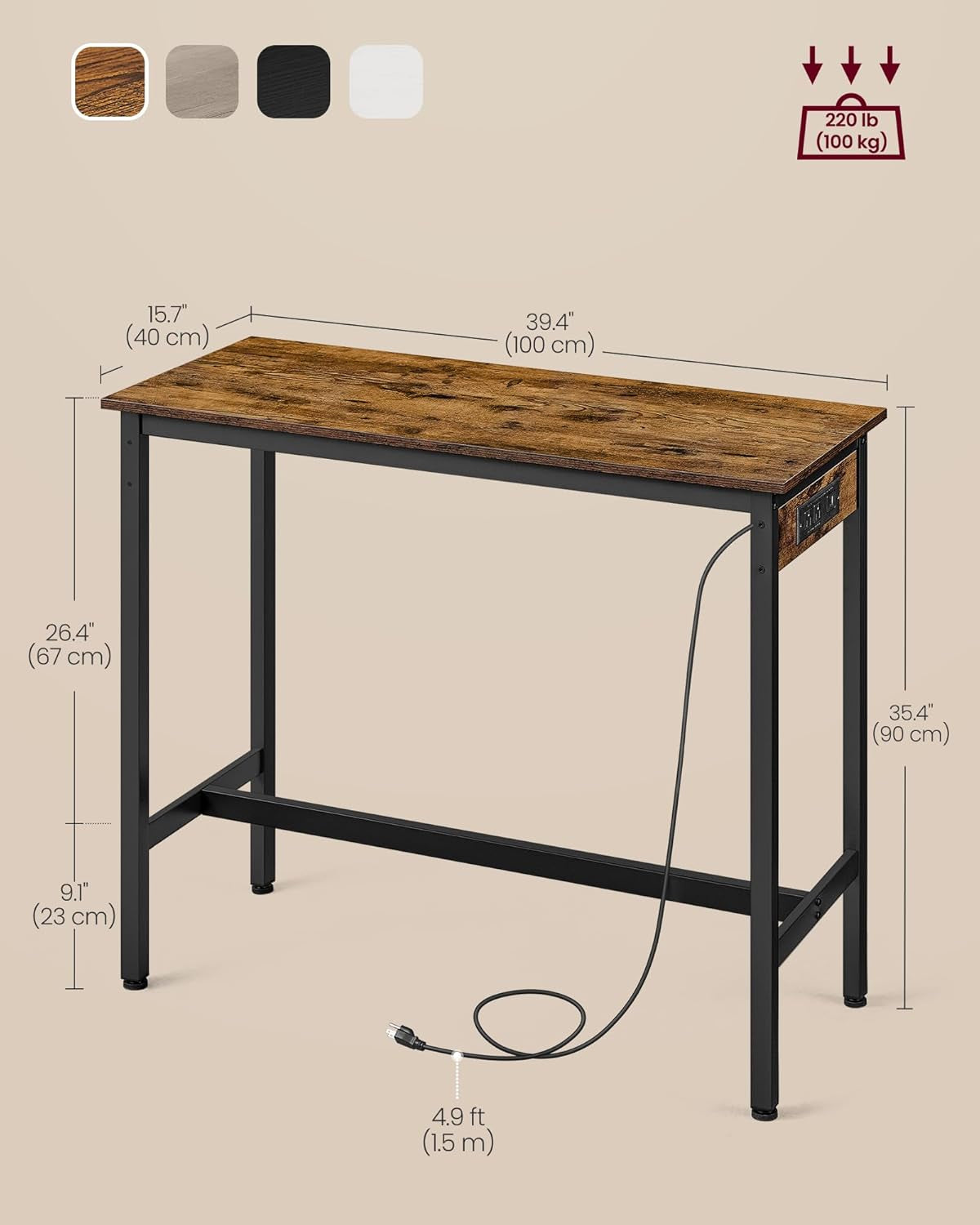 Bar Table, Narrow Long Kitchen Dining Table with Charging Station, Sturdy Metal Frame, Industrial, 15.7 X 39.4 X 35.4 Inches, Rustic Brown and Ink Black ULBT101K01