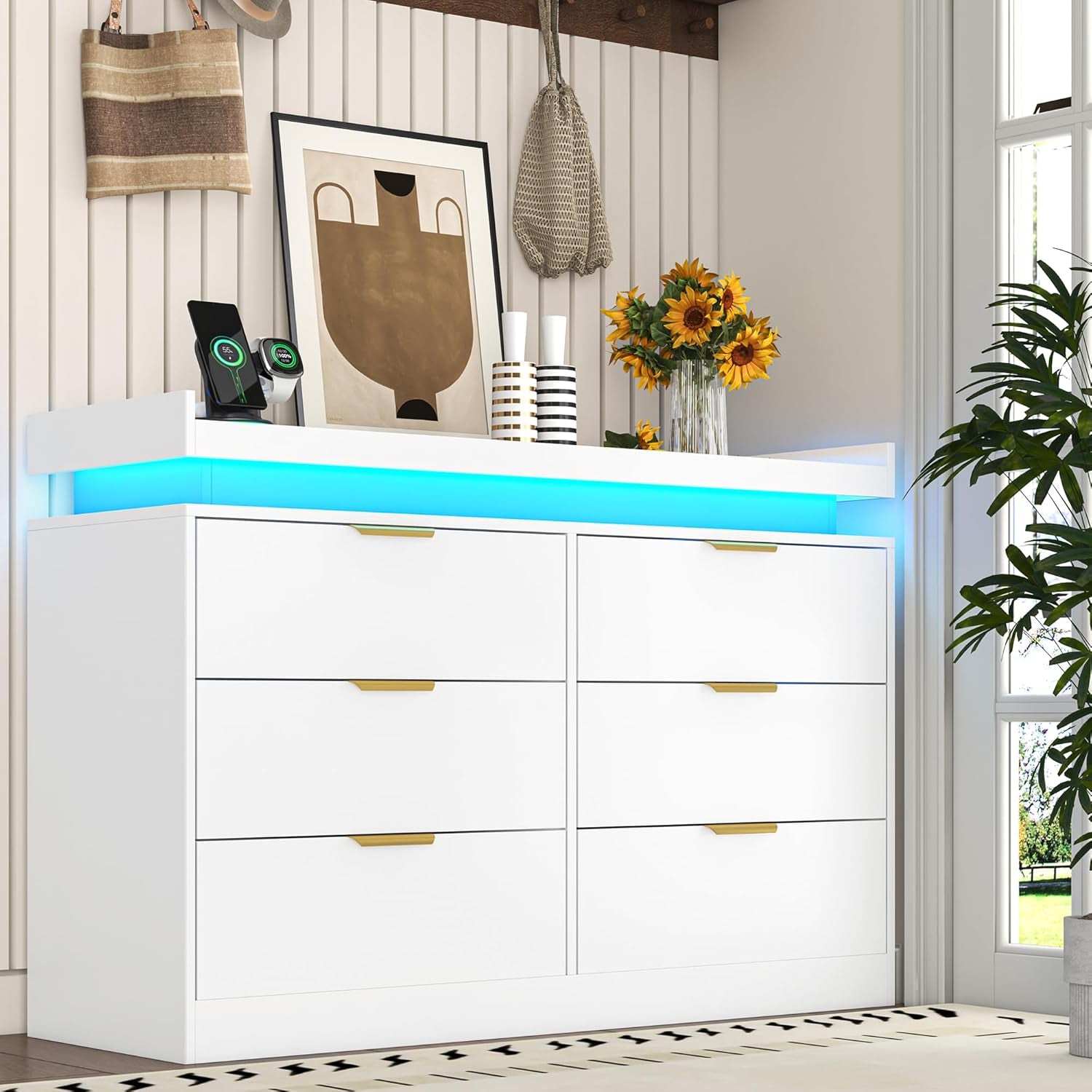 6 Drawer Dresser for Bedroom, White Dresser with LED Lights and Power Outlet, Modern Chest of Drawers for Closet, Double Wide Drawer Organizer Cabinet for Bedroom, Living Room, Entryway, Hallway