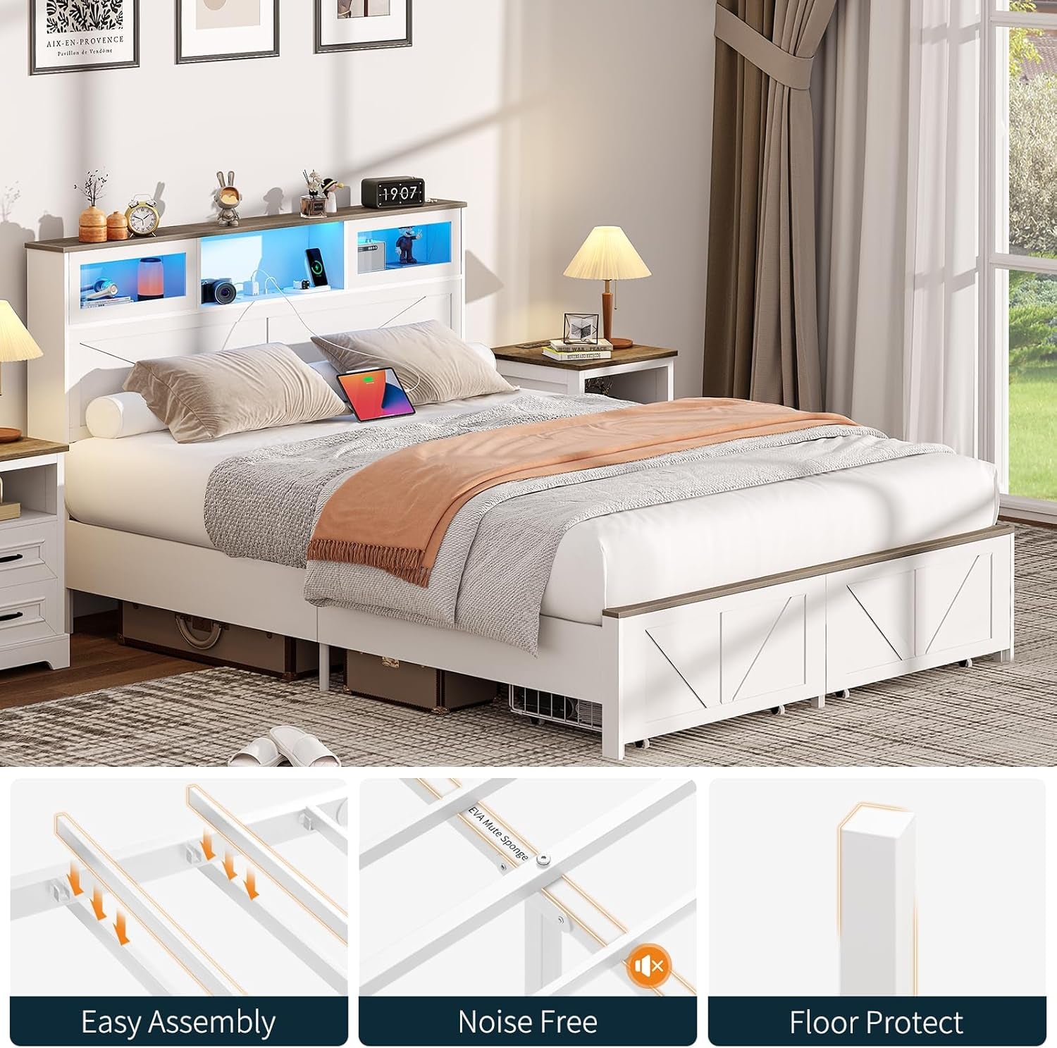 Queen Bed Frame with Headboard, Bed Frame Queen Size with Charging Station, LED Beds with 2 Storage Drawers, Wood Farmhouse Bedframe Queen-Size, Noise-Free and No Box Spring Needed