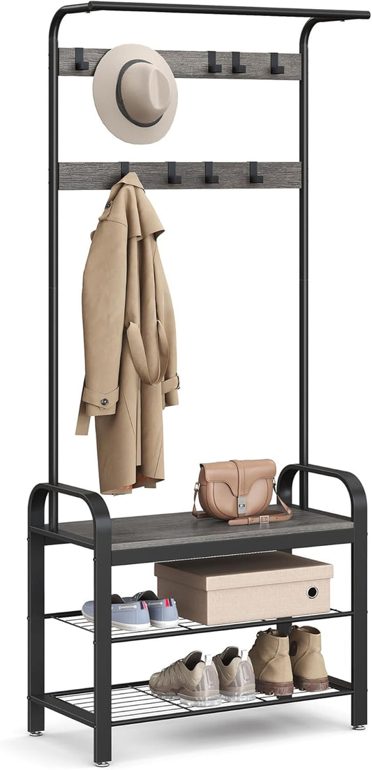 Coat Rack, Hall Tree with Shoe Bench for Entryway, Entryway Bench with Coat Rack, 4-In-1, with 9 Removable Hooks, a Hanging Rod, 13.3 X 28.3 X 72.1 Inches, Charcoal Gray and Black UHSR040B04