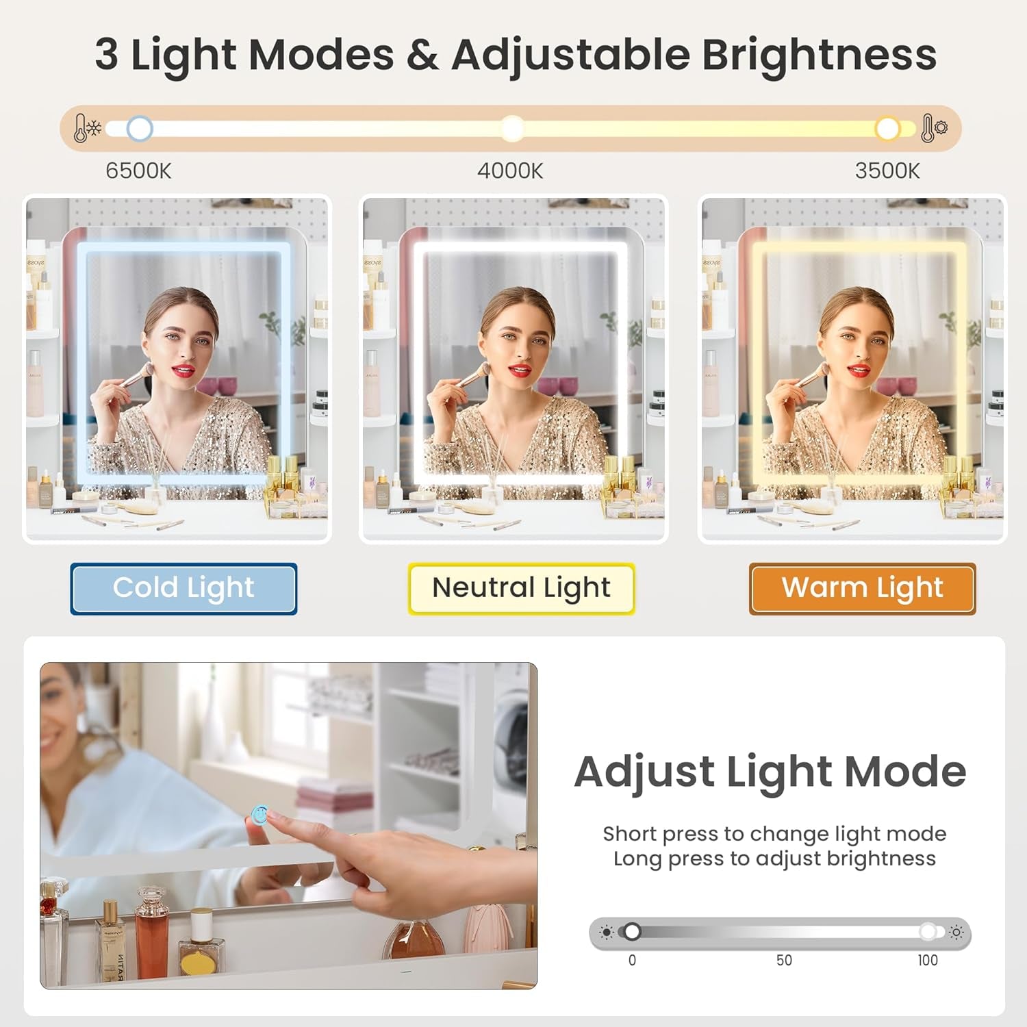 Vanity Desk with Mirror and Lights, 13 Storage Makeup Vanity with 4 Drawers and 8 Shelves, 62" Large Dresser Dressing Table with Power Outlet, 3 Lighting Modes, Silent Slides, White