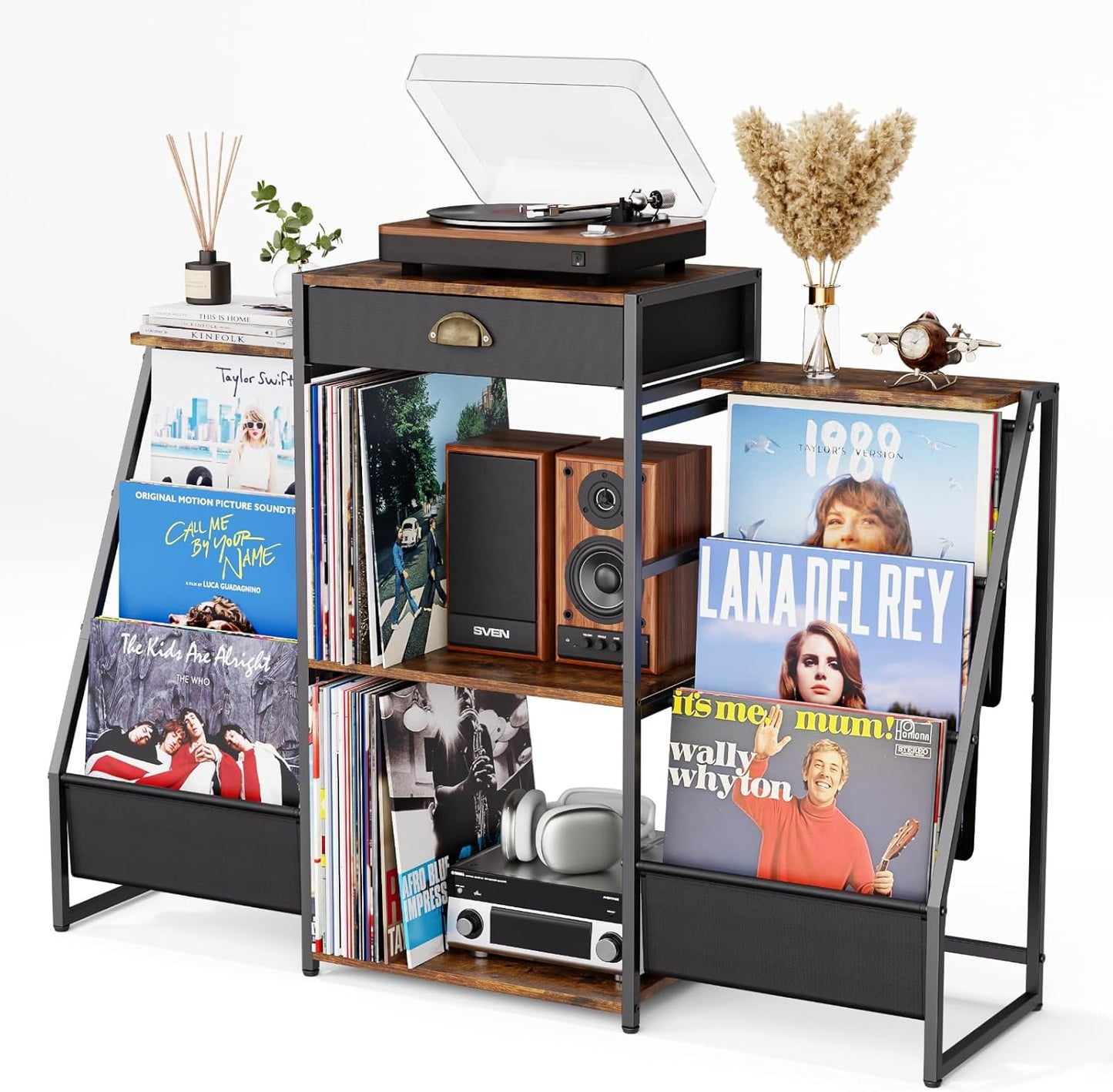 Record Player Stand with Vinyl Storage – Record Table with Holder,6-Bin Vinyl Storage Rack & Drawer, Dual Side Display Shelves,Holds 200+ Albums,Turntable Stand for Living Room,Bedroom (Brown)