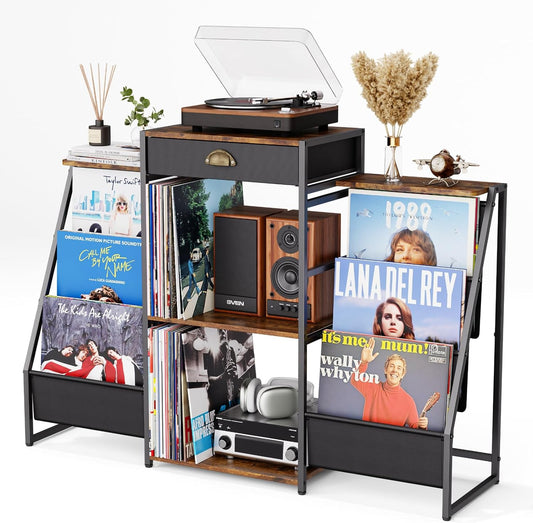 Record Player Stand with Vinyl Storage – Record Table with Holder,6-Bin Vinyl Storage Rack & Drawer, Dual Side Display Shelves,Holds 200+ Albums,Turntable Stand for Living Room,Bedroom (Brown)